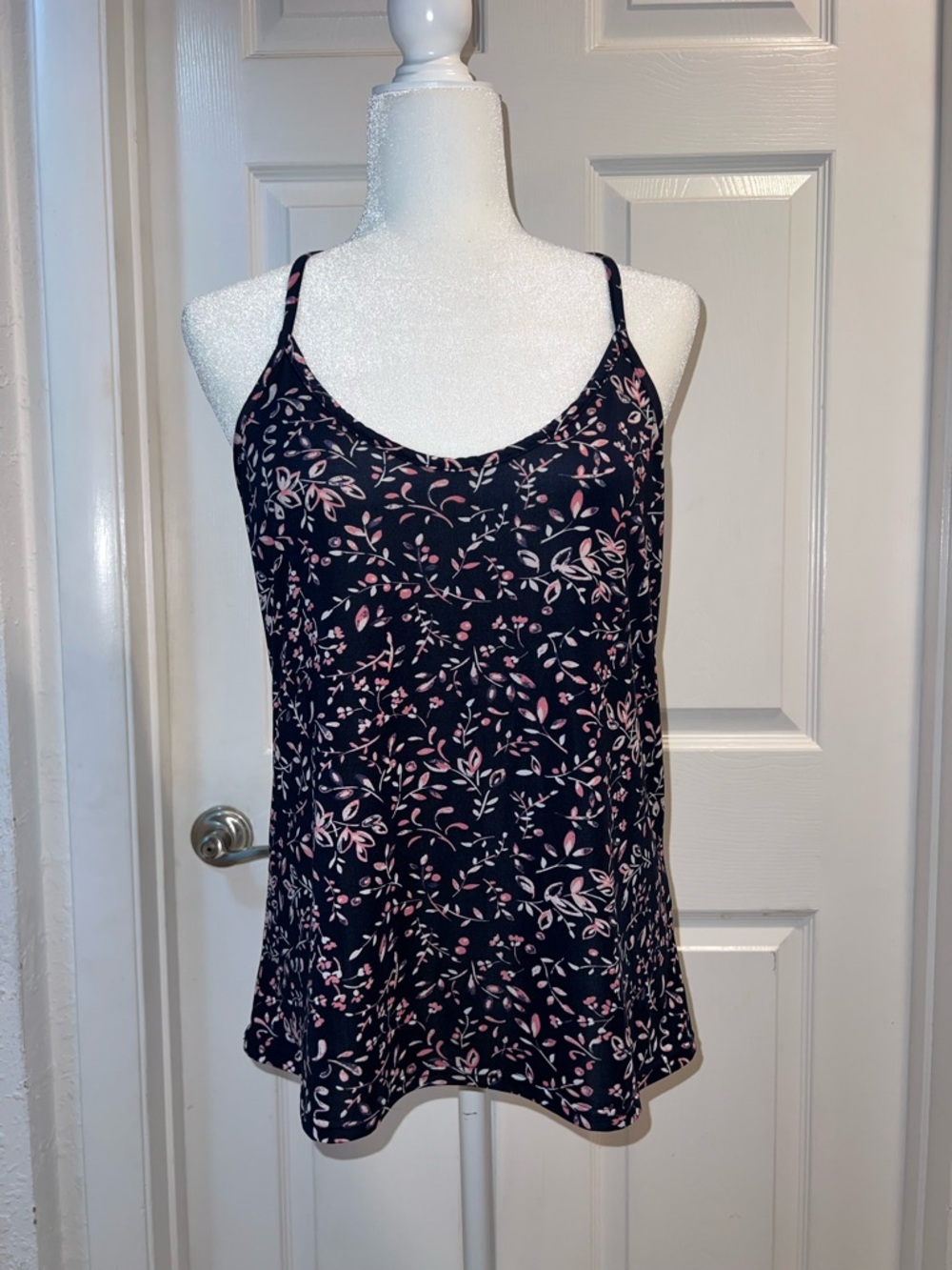 Marilyn Monroe Navy Floral Spaghetti Strap Tank with Pink Leaf Print size Large